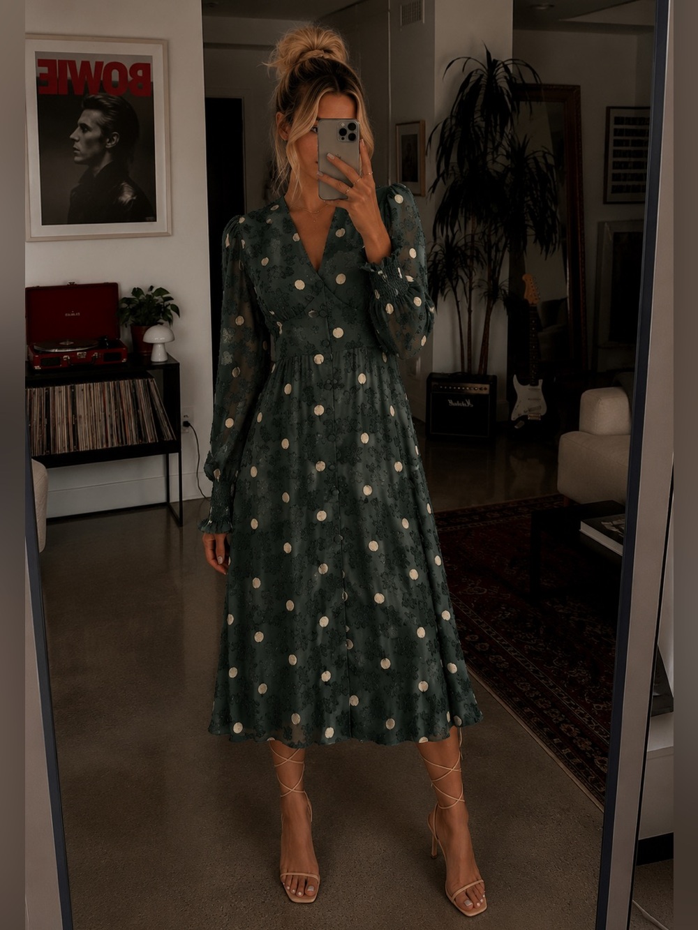 New Zara Green Textured Polka Dot Midi Dress With Smocked Waist Womens Small
